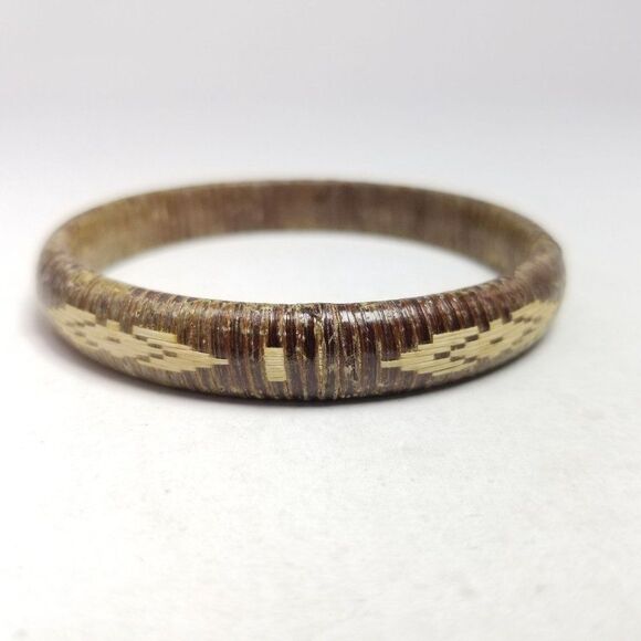 Vintage Brown and Tan Woven Braided Grass Bangle Bracelet Tribal Design Jewelry - Picture 6 of 6